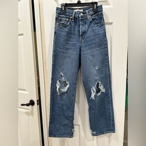 Levi's Blue Distressed Ribcage Straight Ankle Jeans